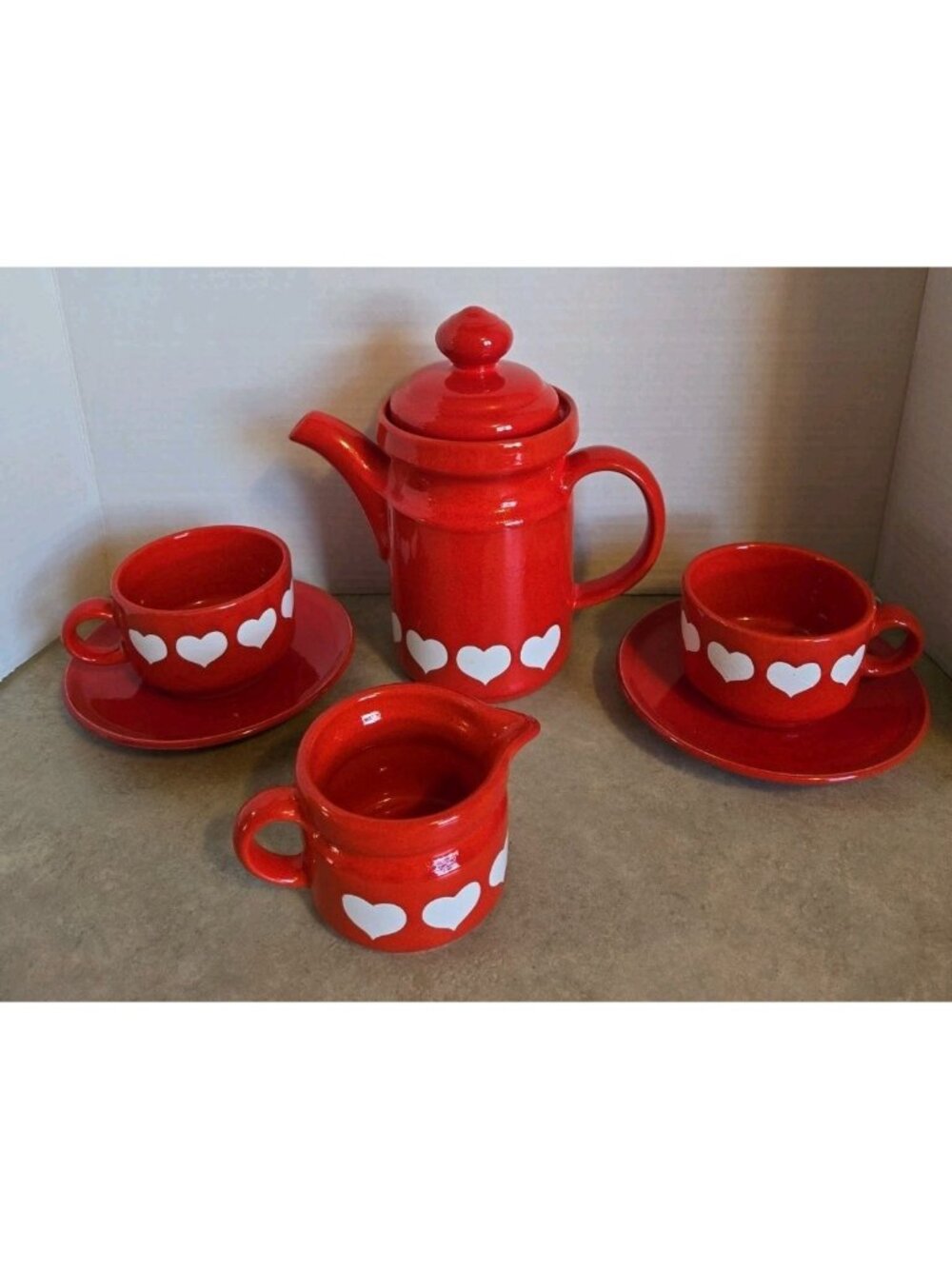 Waechtersbach Red W/ White Hearts Teapot And 2 Tea Cups W/saucers & Creamer